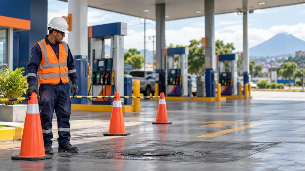 Personal de pista con equipo de protección y conos de seguridad