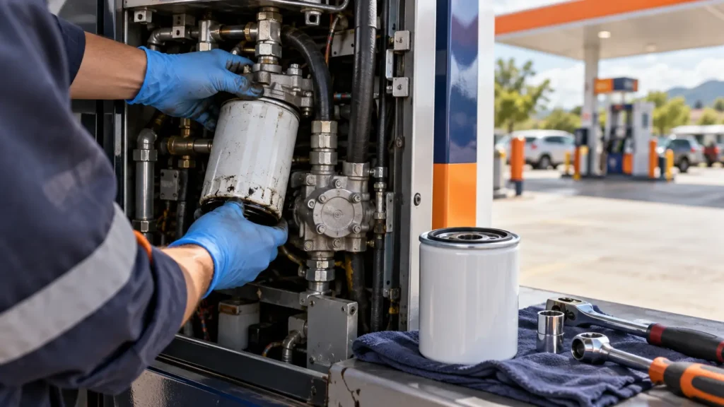 negas-blog-filtros-cambio Técnico cambiando los filtros del dispensador de combustible