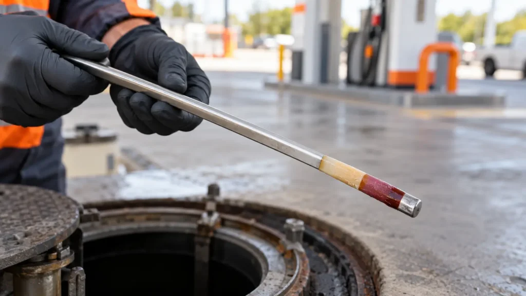 negas-guia-pasta-agua Varilla de medición con pasta indicadora de agua en un tanque de combustible